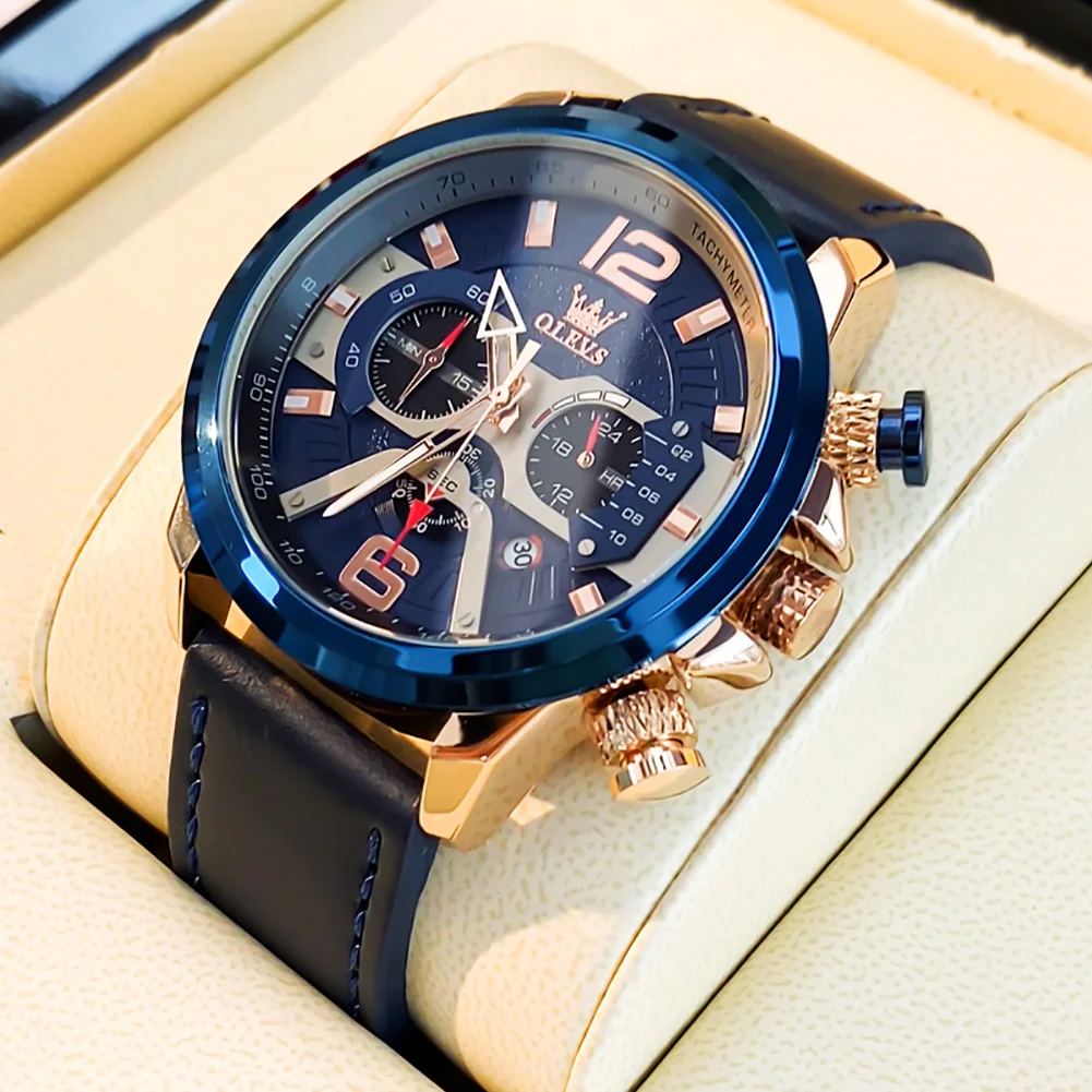 Модные брендовые мужские часы роскошные кварцевые с кожаным ремешком синие