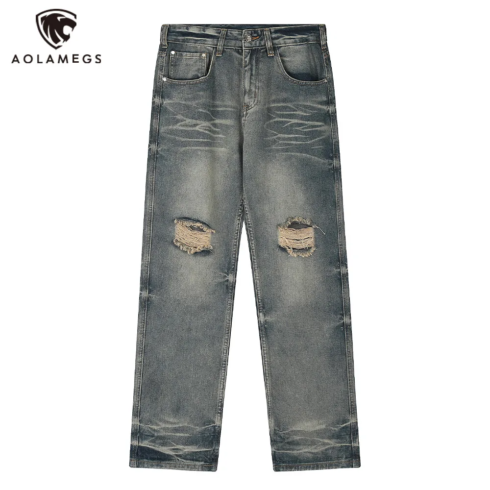 

Винтажные уличные свободные прямые брюки, джинсы для мужчин, рваные потертые брюки, летние ретро унисекс джинсовые брюки