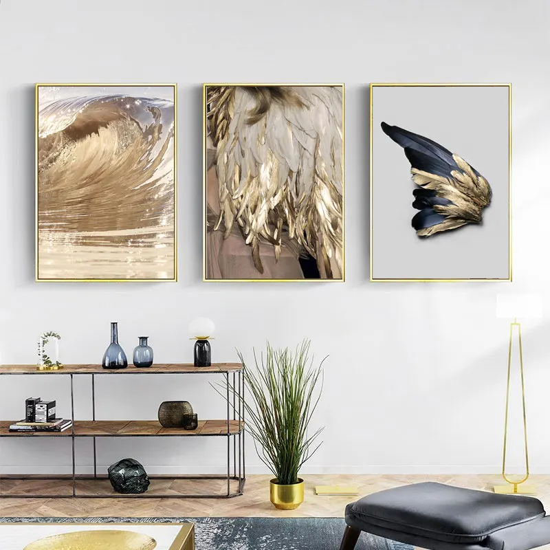 

Современные Абстрактные Художественные постеры и принты в скандинавском стиле с золотыми перьями, Картина на холсте, настенные картины, украшение для стен в доме