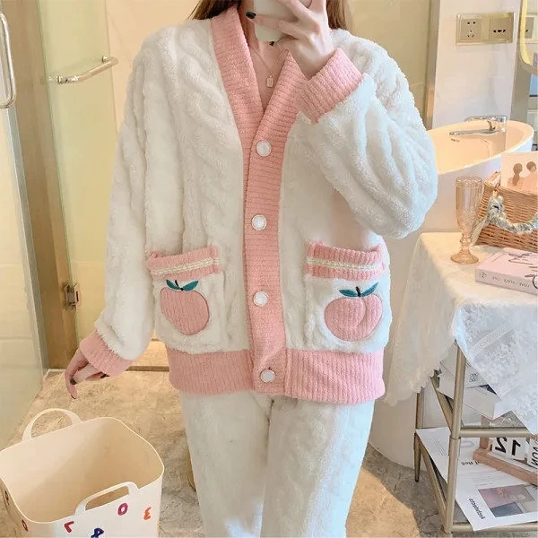 Winter New Women's Pajamas Set Flannel Long Sleeve Soft Warm Cute Loose Women Sleepwear Set Velvet Pyjamas Homewear