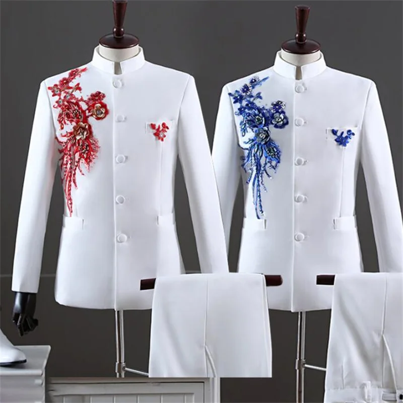 Chinese tunic suits men's three-dimensional flower sequins chorus performance costume host singer embroidered stage blazers