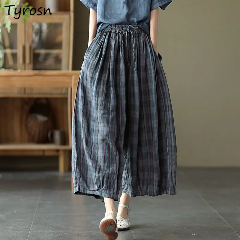 

Casual Pants Women Plaid Wide Leg Loose Simple Design Ulzzang Female All-match Summer Ankle-Length Trousers Leisure Trendy Cozy