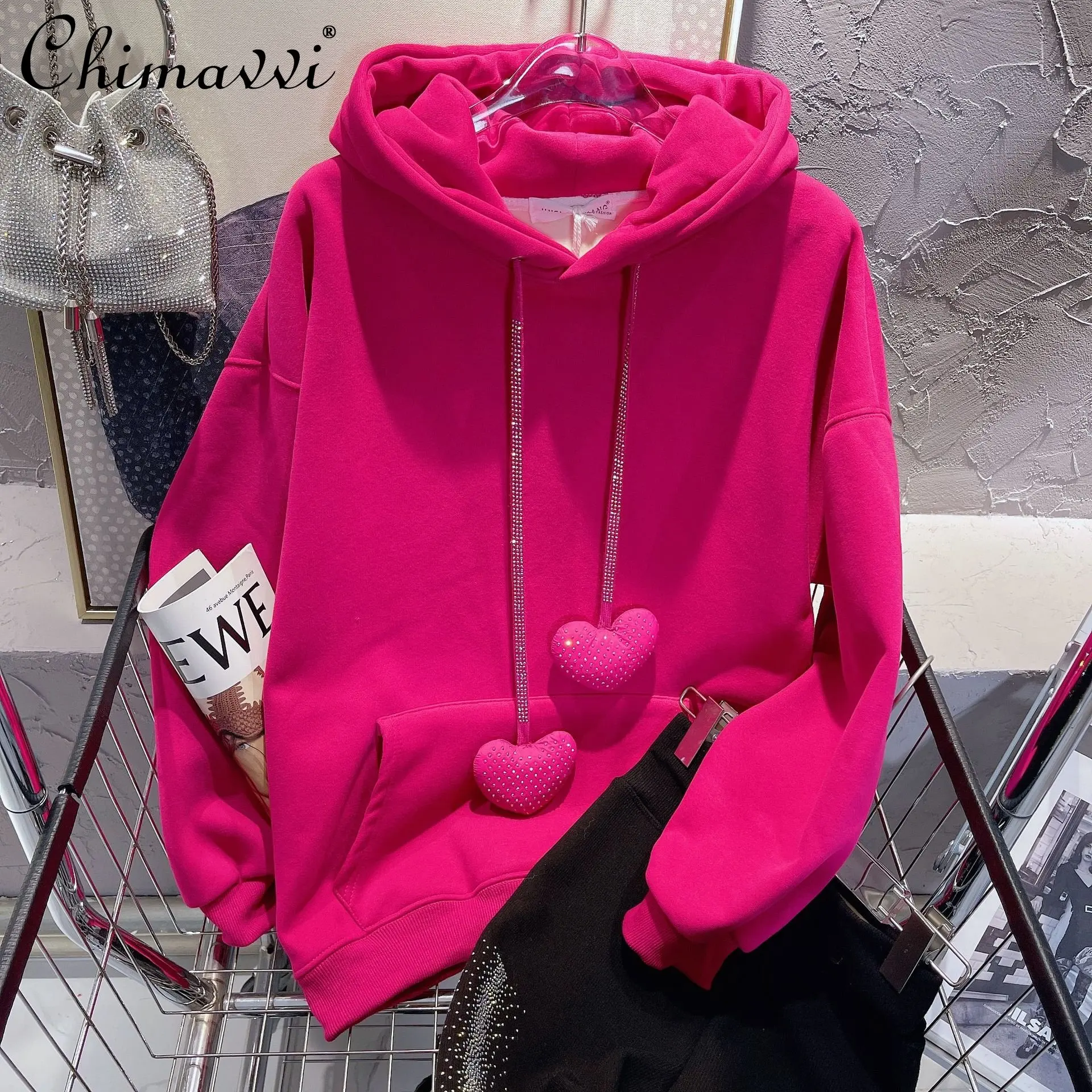 

European Hot Rhinestone Candy Color Loose-Fit Fleece Pullover Sweatshirt Spring Autumn New Sweet Elegant Long Sleeve Hooded