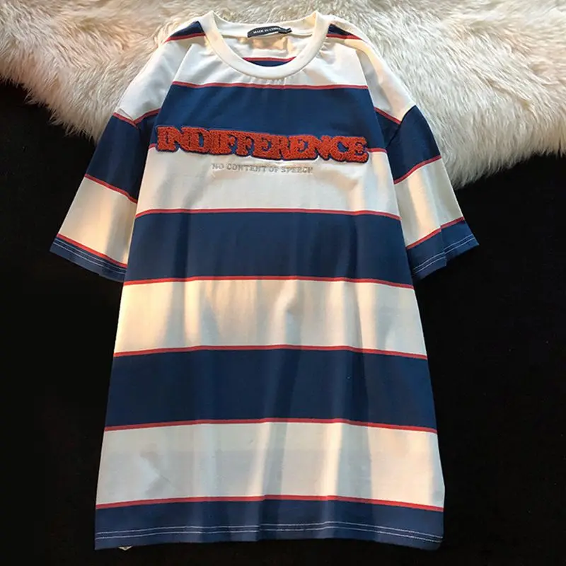 

2022 New Summer Towel Embroidered Letter Chic Stripe Loose T-Shirts Women Tide Streetwear O-Neck Short Sleeve Tees Ins Female