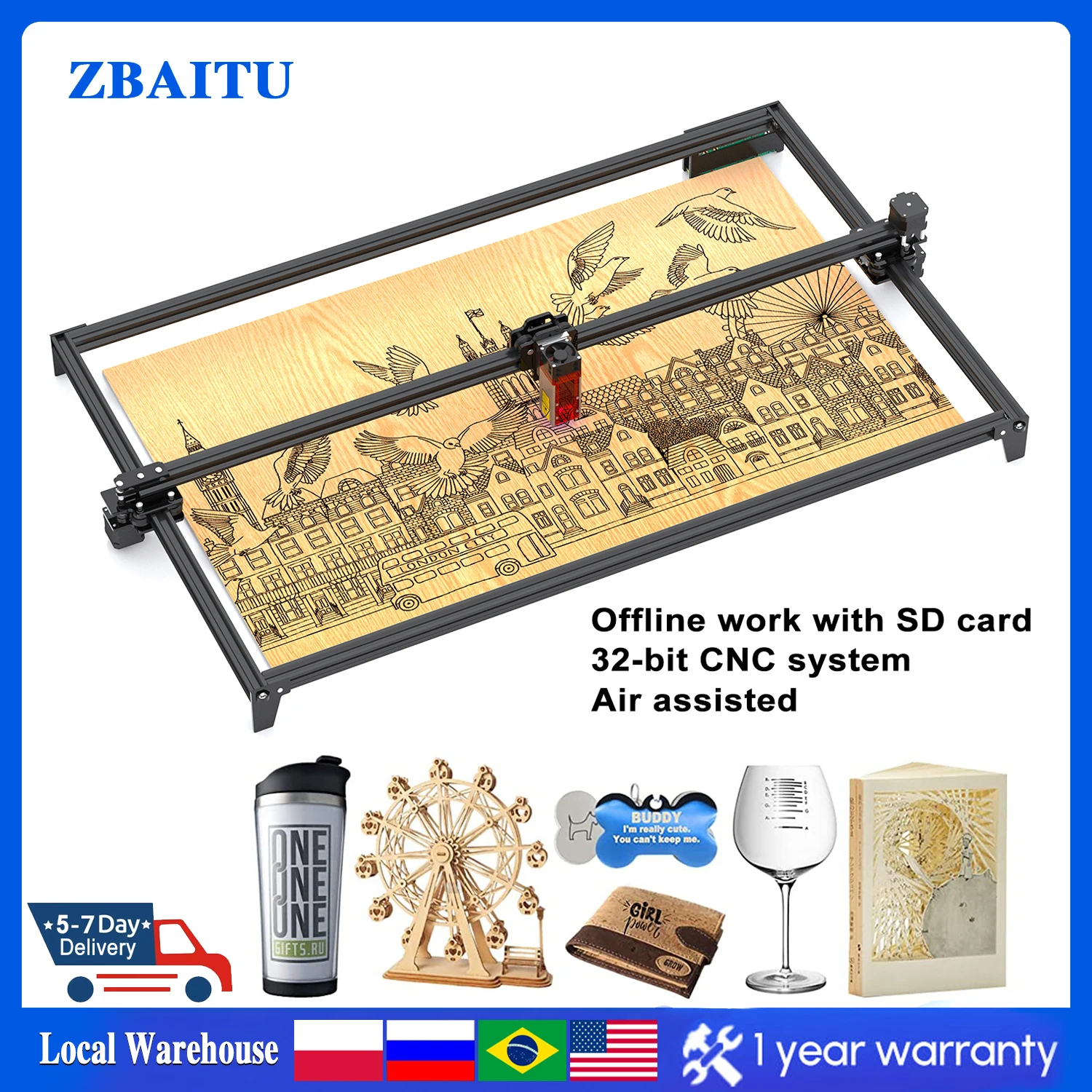 ZBAITU 80W Laser Engraver 81X46cm DIY Engraving Cutting Machine w/ Air Assist CNC Router Woodwork Cutter Wifi Offline Control