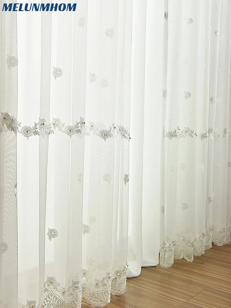 Melunmhom European White Embroidery Pearl Bead Lace Tulle Luxury Fancy Curtains for Bedroom Flower Sheer for Living Room Window images - 6