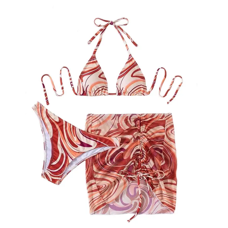 

Women's 3 Piece Swimsuits Sexy Tie Dye Halter Micro Bikini Bathing Suits with Mesh Beach Skirt Cover Ups conjunto femenino