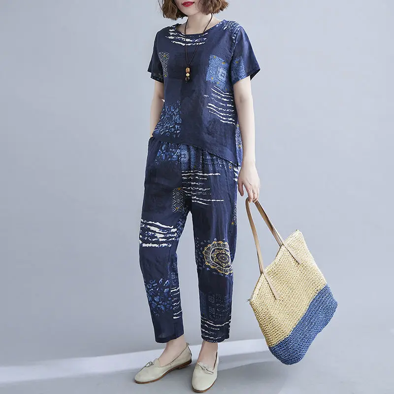 

Женский хлопковый костюм с цветочным принтом, повседневный свободный комплект из двух предметов, футболка и штаны, винтажный Топ, N97, лето 2022