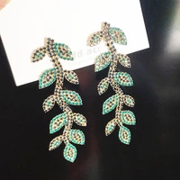 korean fashion s925 silver nails micro set green blue chain gem leaf earrings for women stitching personality design earrings