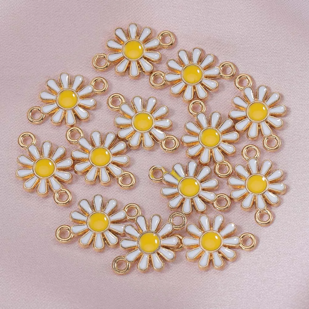 

20 40Pcs/Bag Cute Enamel Metal Daisy Charm Flowers Pendant with 2 Ring Loops Connectors for DIY Jewelry Making Bracelet Findings