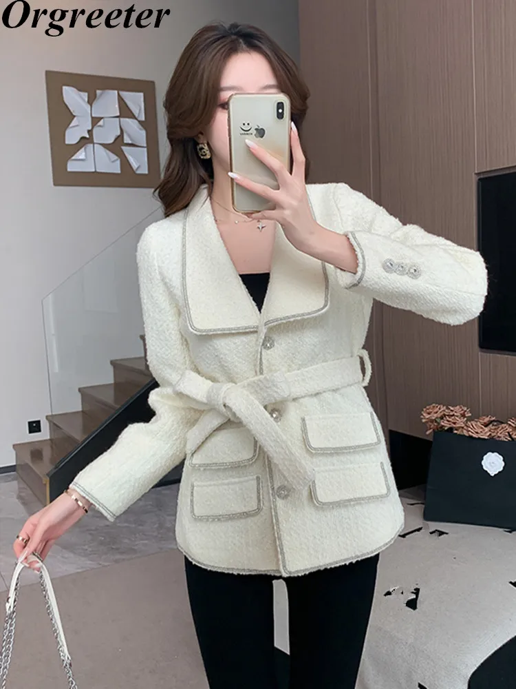 

High Quality Elegant Rhinestone Trim Lapel Tweed Blazer Temperament Lace-up Woolen Jacket Coat For Women's With Thin Cotton Coat