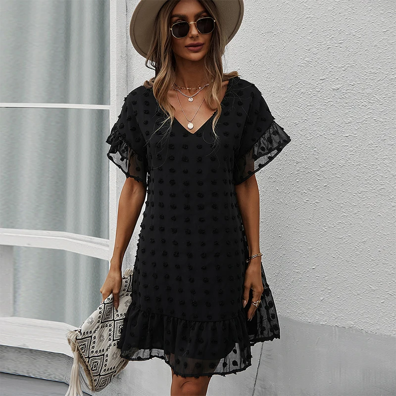 

Женское повседневное однотонное платье с V-образным вырезом на весну и лето, шифоновый жаккардовый джемпер с коротким рукавом, женское праз...