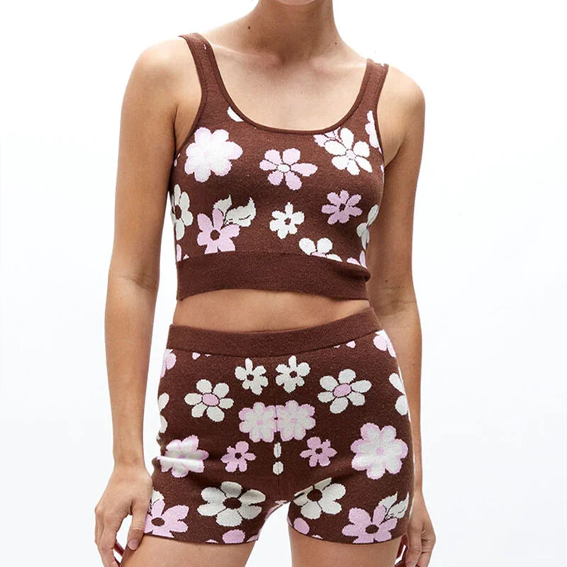 

Dourbesty Vintage Foral Two Pieces Knitting Short Sets Women Summer Sleeveless U-Neck Tank Tops + High Waist Shorts Chic Outfits
