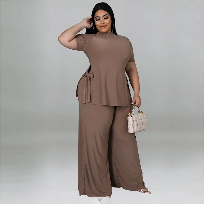 2022  new products short-sleeved solid color  fashion  casual  straps  wide-leg pants plus size two-piece wholesale direct sales