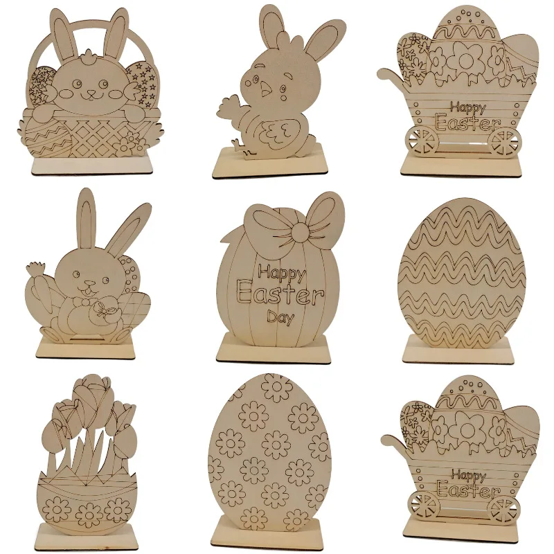 

Easter Decorative Wooden Ornament Set Home DIY Flower Graffiti Rabbit Egg Pendant Wood Chip