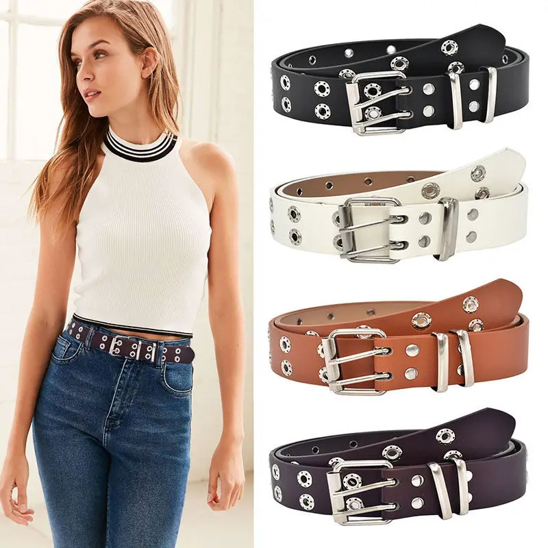 Y2K Pu Belt For Women Designer Double Holes Alloy Buckle Waist Strap Youth Female Jeans Trouser Decorated Waistband