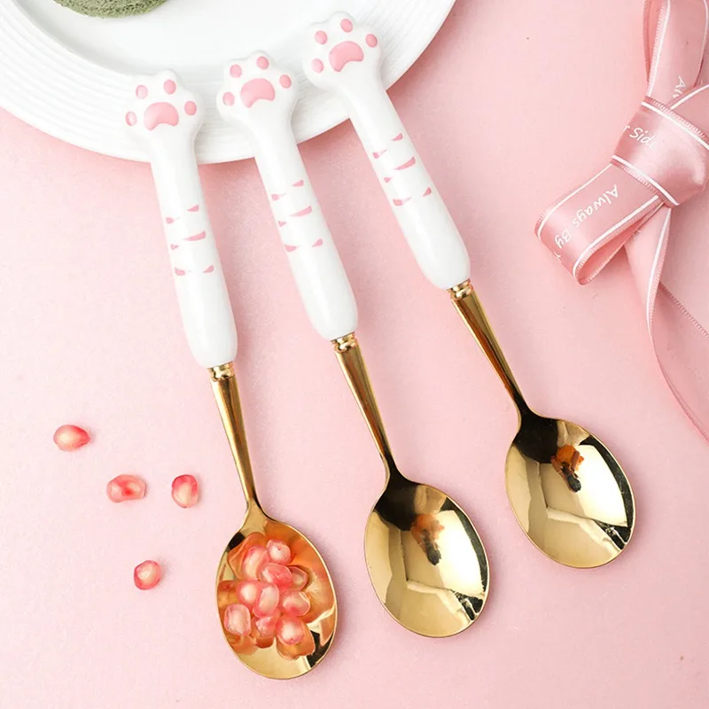 

Coffee Spoons Cute Cat Claw Design Drink Spoon Stainless Steel Fruit Fork Dessert Spoon Ceramic Handle Kitchen Utensils
