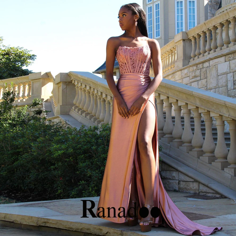 

Strapless Illusion Mermaid Evening Dresses For Wedding High Side Slit Court Train Stain Sleeveless Robes De Soirée Personalised