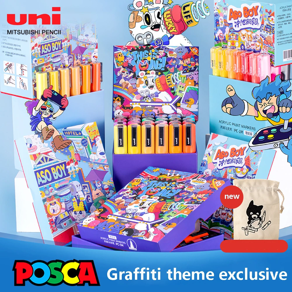 UNI POSCA Marker Set Doodle Cartoon Art Supplies Stationery PC-1M/3M/5M Office Accessories POP Poster Advertising Pen