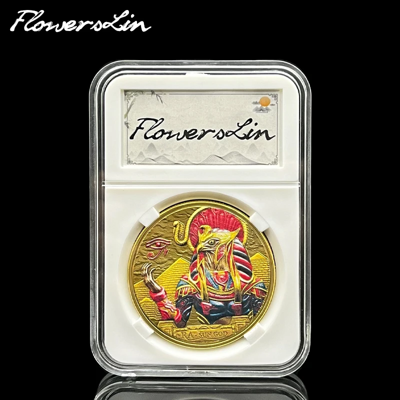 

Акриловый квадратный ящик FlowersLin/красочный древний Египетский бог солнца, окрашенная монета Ra-Sun God памятные коллекционные монеты