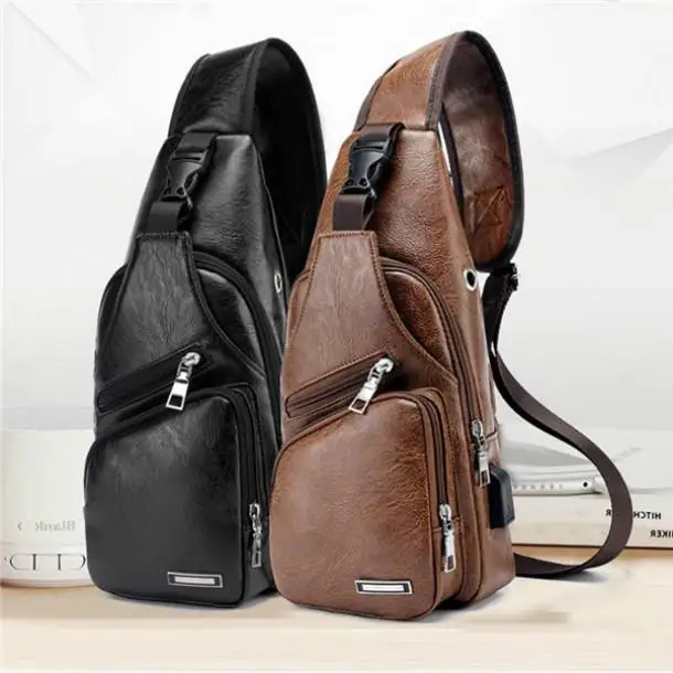 Men's Shoulder Pack Charging Leather Movement USB Chest Bag Sports PU Hiking Sling Bag