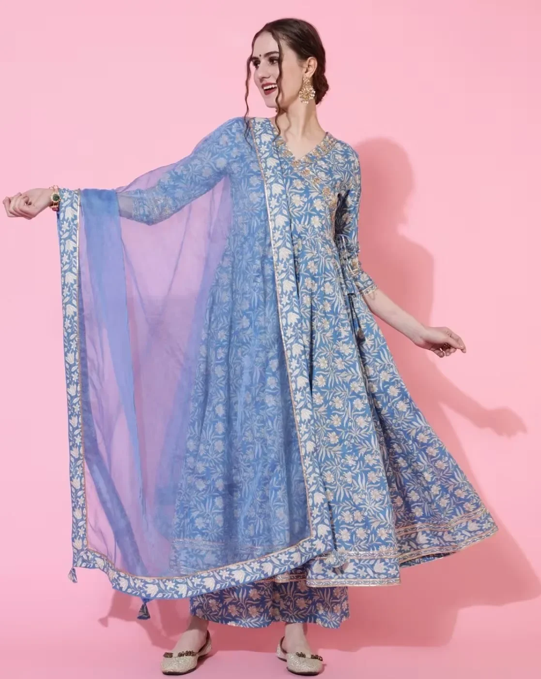 Индийское этническое стильное голубое платье из чистого хлопка с цветочным