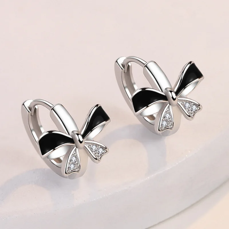 

New Classic Women Black Bow Crystal Earring Fashion High Quality Silver Color Jewelry