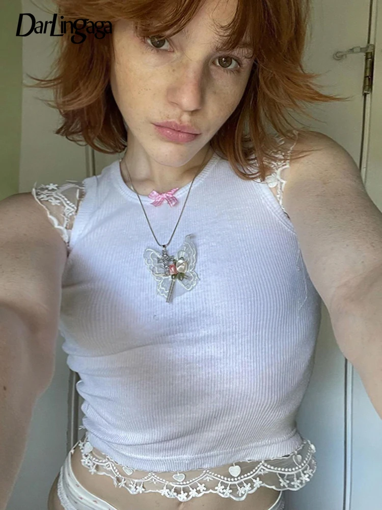 

Darlingaga Y2K Kawaii Fashion Japan Lace Patchwork White Vest Summer Tank Top Casual Bow Butterfly Appliqued Cute Crop Top Cloth