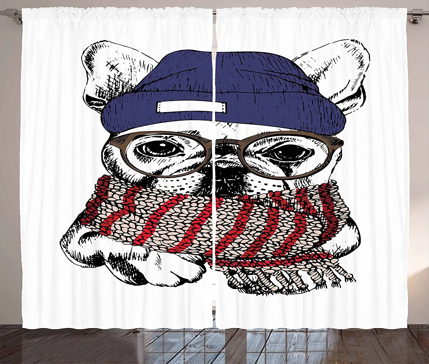 

Bulldog Blackout Curtains Hand Drawn Style Portrait of Cozy Winter Dog Wearing a Scarf Beanie and Glasses Window Curtain