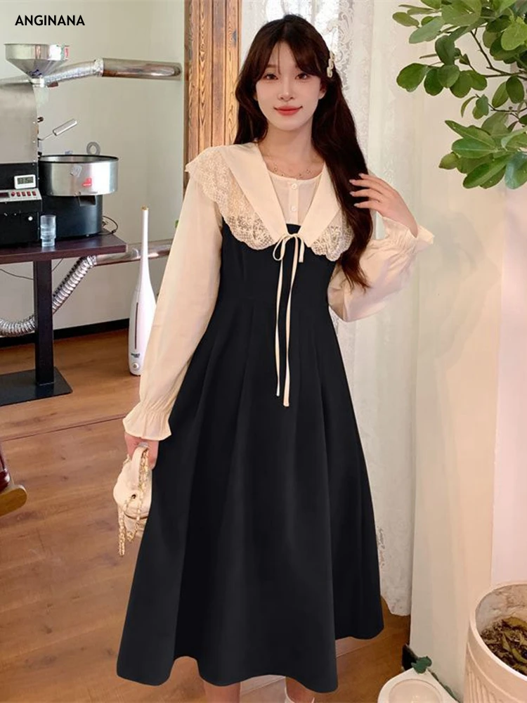 

Large 10xl 150kg Women's Dress Big Size 6XL 8xl Summer Doll Neck Long Sleeve Loose Black and White Splice Dress