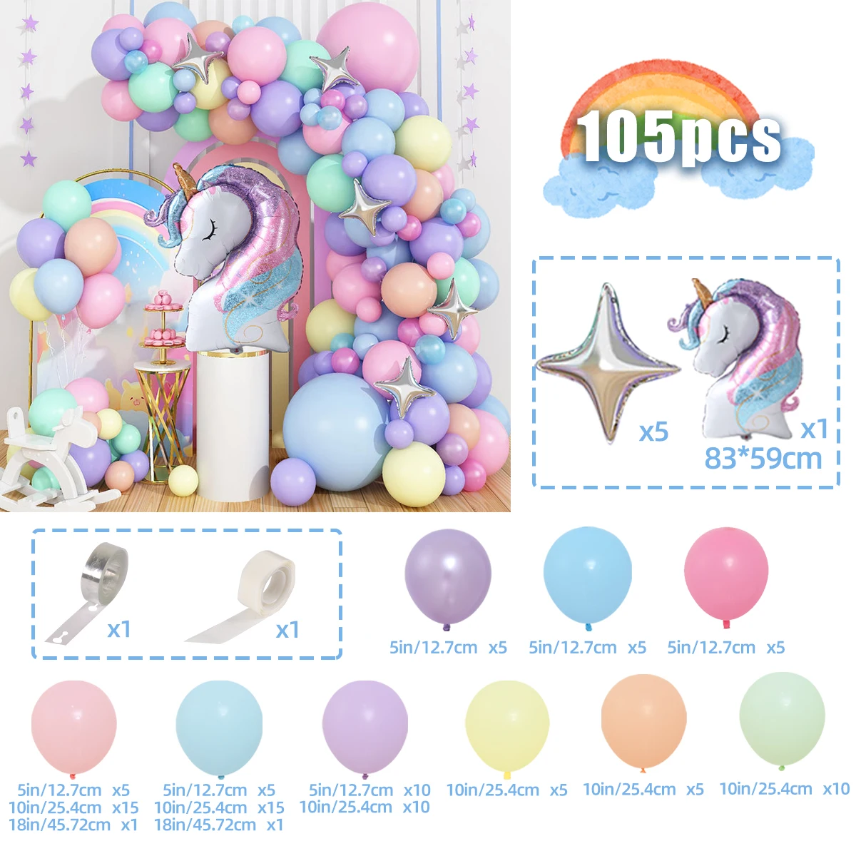 

Гирлянда из воздушных шаров Макарон с единорогом