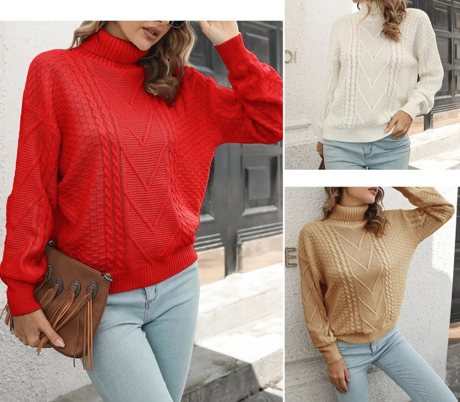 

Autumn and Winter New Women's High Neck Pullover Sweater Female Commuting Loose Casual Solid Color Long Sleeve Knitting