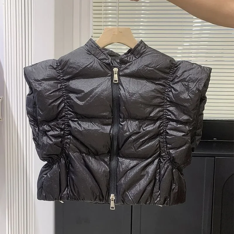 Женский модный пуховик жилет зимнее шикарное пальто без рукавов на молнии