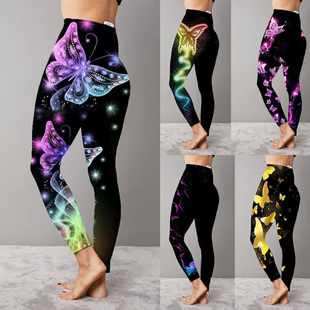 Plus Size Fashion Women's Ninth Pants High Waist Stretch Pants Abdominal Sports Pants Butterfly Colorful Printing Yoga Leggings