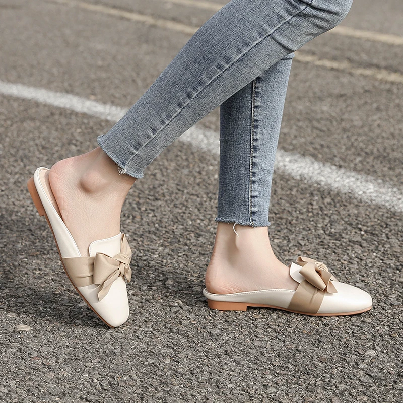 

2022 Women Summer Sandals Shoes Retro Bow-knot Baotou Beach Slides Flat with Woman Sandals Female Footwear Soft Sole Non-slip