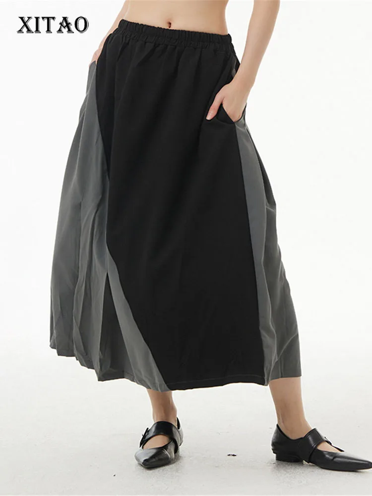 

XITAO Hit Color Skirt Fashion Pocket Elastic Waist Pleated Hem Goddess Fan Casual Style Vintage Elegant Loose Skirt WLD7028
