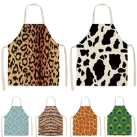 1pcs leopard print kitchen aprons for women men home cooking baking waist bib cotton linen pinafore cleaning tools 5365cm a1041