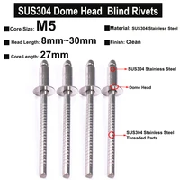 5 10pcs m5x8mm 30mm sus304 stainless steel round head pop open core threaded blind rivets bolt dropper self plugging door rivet