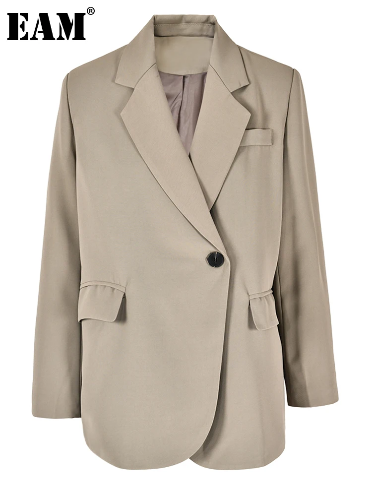 

[EAM] Женский Повседневный блейзер цвета хаки большого размера, новая свободная куртка с отворотом и длинным рукавом, модная демисезонная 2023 1DF115804
