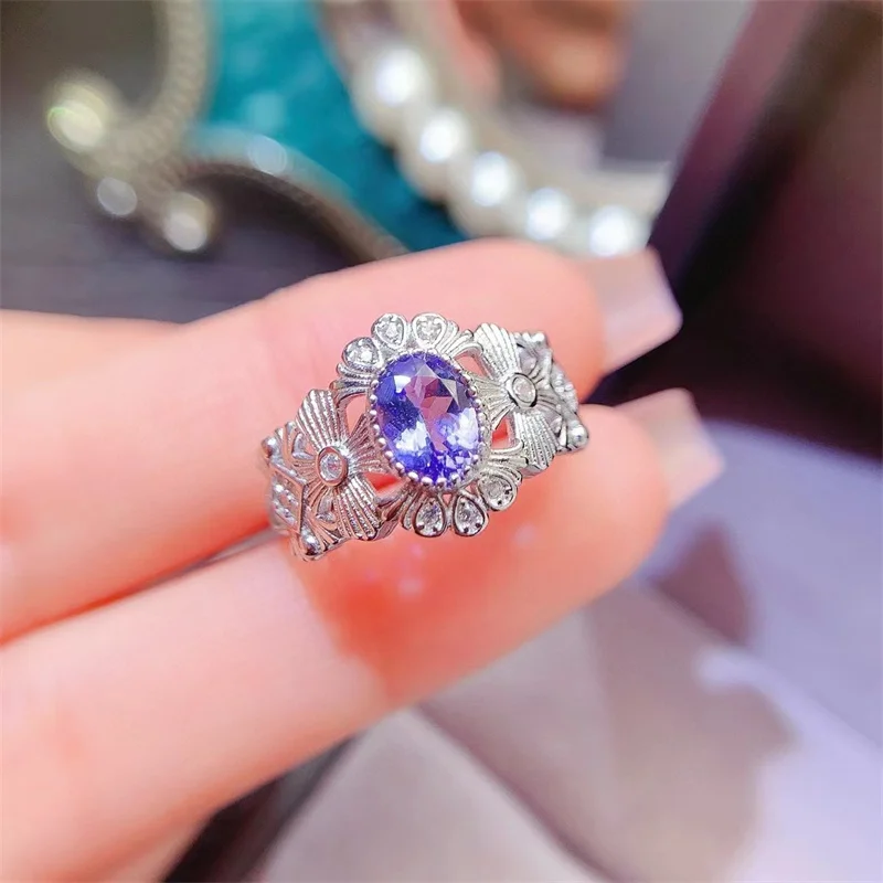 Обручальное кольцо из серебра 925 пробы с натуральным танзанитом для женщин