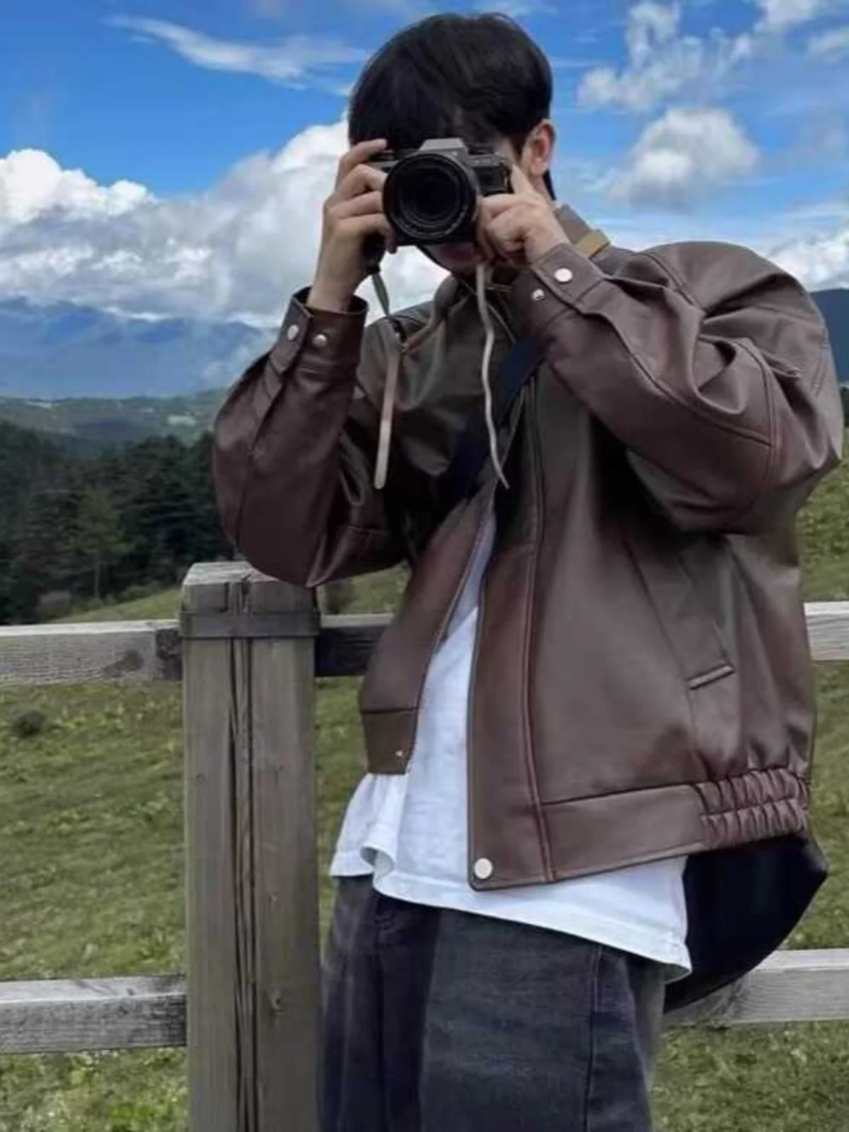 American Pu Shuai Cleanfit Short Shoulder Pad Outerwear Men's High Sense Flight Jacket Maillard Leather Coat Motorcycle Clothing