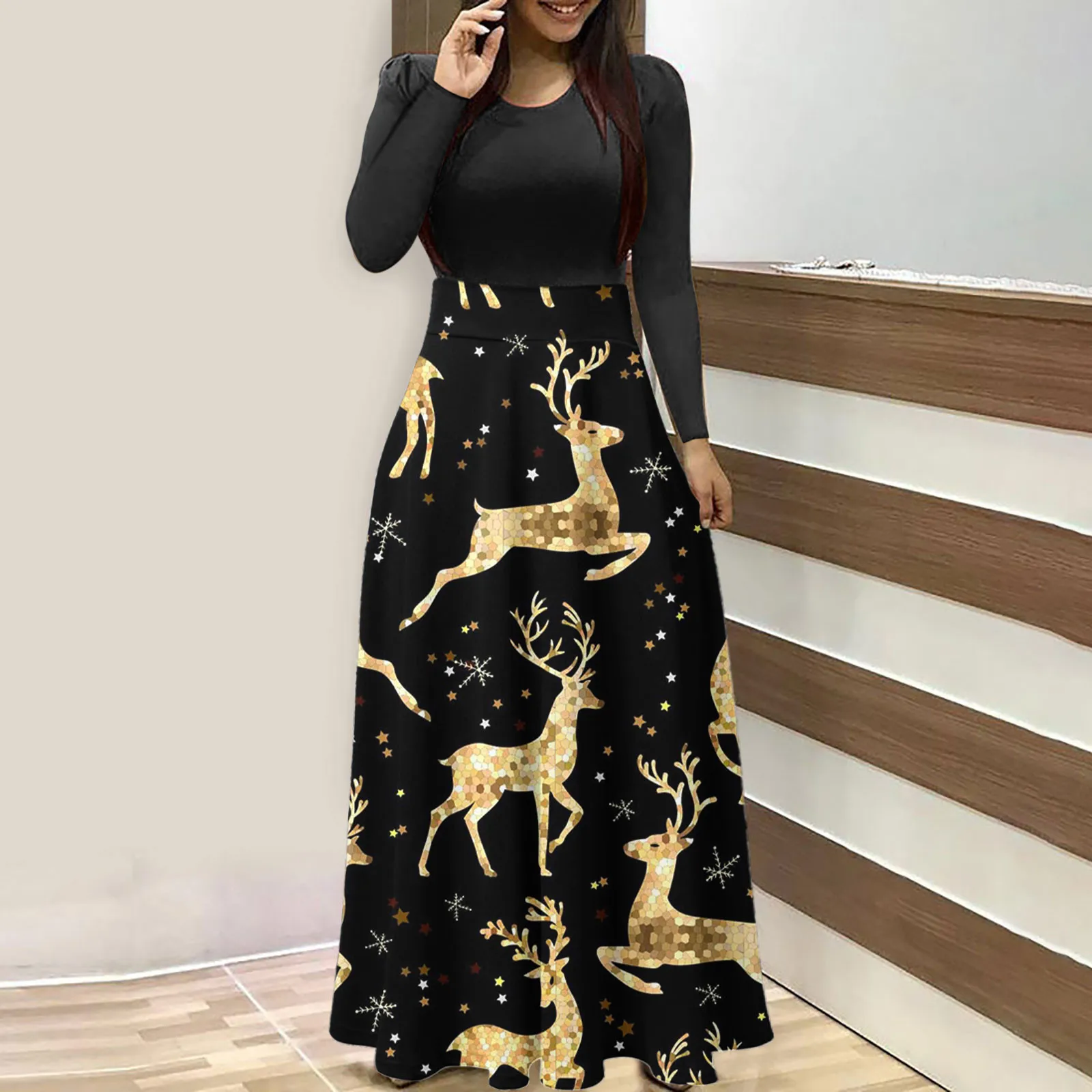 

Autumn Winter Women Long Sleeve Dress Christmas Print Cocktail Dress Elegant Casual Fashion High Waist Evening Party Maxi Dress