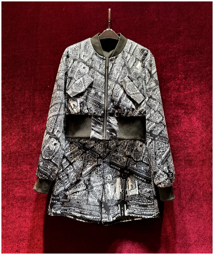 

Женская одежда в европейском и американском стиле новинка осень 2023 куртка на молнии с длинным рукавом шорты с винтажным принтом модный костюм