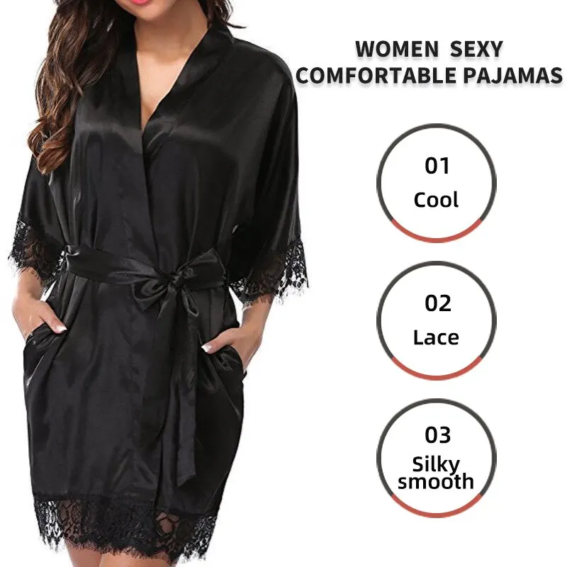 

Women Ice Silk Pajamas Robes Sleepwear Nightgowns Nightdress Red Black L XL Lace Smooth Soft Comfortable Casual Pure Color