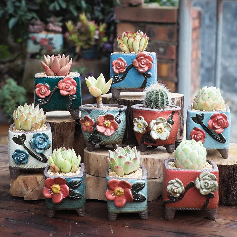 

Korean-style creative three-dimensional pinch flower ceramic succulent small flowerpot home hand-painted green plant container