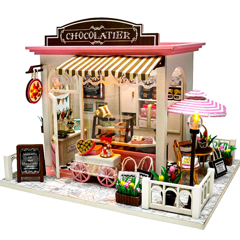

DIY Wooden Doll Houses Miniature Building Kit Chocolate Shop Casa Dollhouse with Furniture Villa Toys for Friends Birthday Gifts