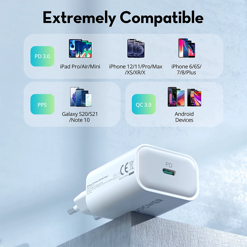 RAVPower 25W Fast Wall Charger PD USB Charger Type C 3.0 Quick Charger Power Adapter for Galaxy iPhone Huawei Samsung