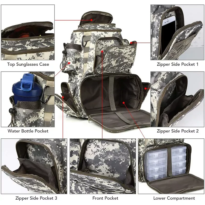 Capacity Camouflage Fishing Backpack Multifunctional Outdoor Bag Adjustable Straps Fishing Tackle Bag Fishing Tackle Boxes enlarge