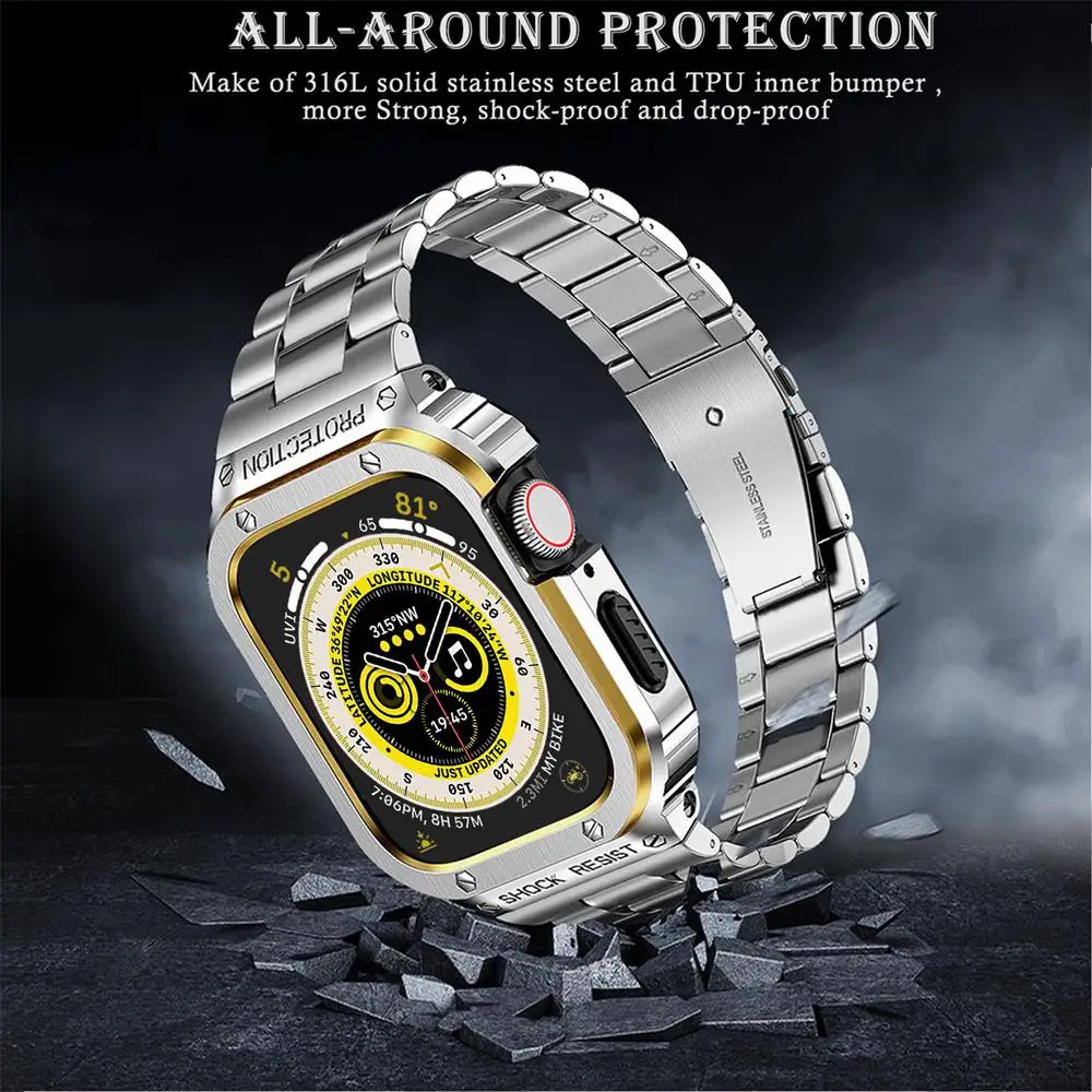 Stainless Steel Strap+Case For Apple Watch Band 45mm 44mm 44 45 mm Bumper frame Cover correa Accessories iwatch series 7 SE 6 8