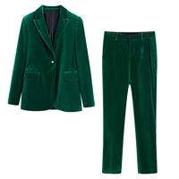 2022 fall spring women solid color high waist zipper velvet straight pantsvelvet one button with pockets blazer two piece suit